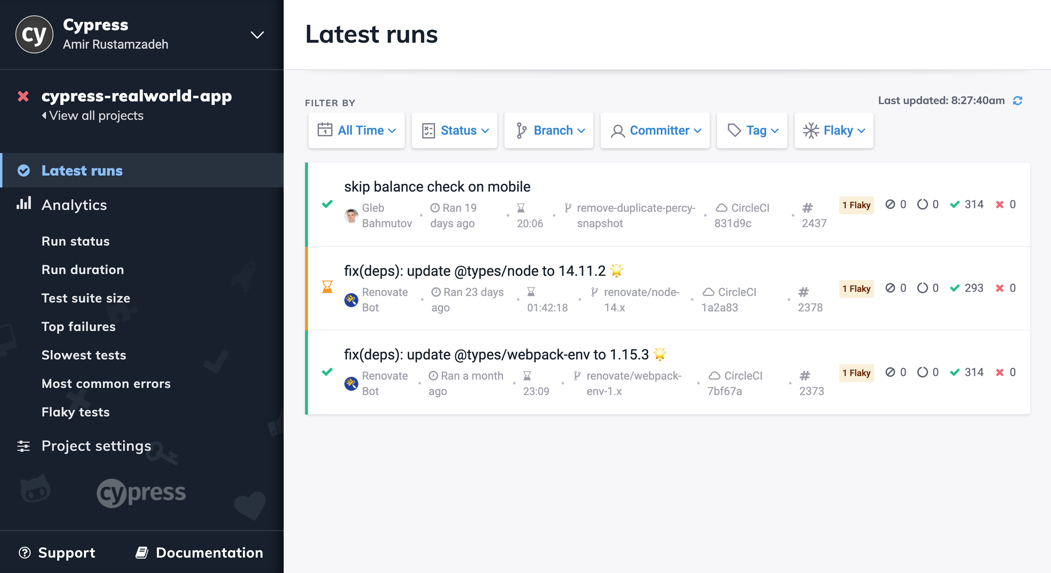 Cypress Dashboard Latest runs view showing recent test executions for a project, including run names, committers, branches, CI provider, duration, flaky test indicators, and pass or fail status, with filters for time range, status, branch, committer, tag, and flaky tests.